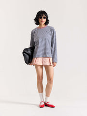 Vintage Blue Striped Loose Fit Cropped T-Shirt